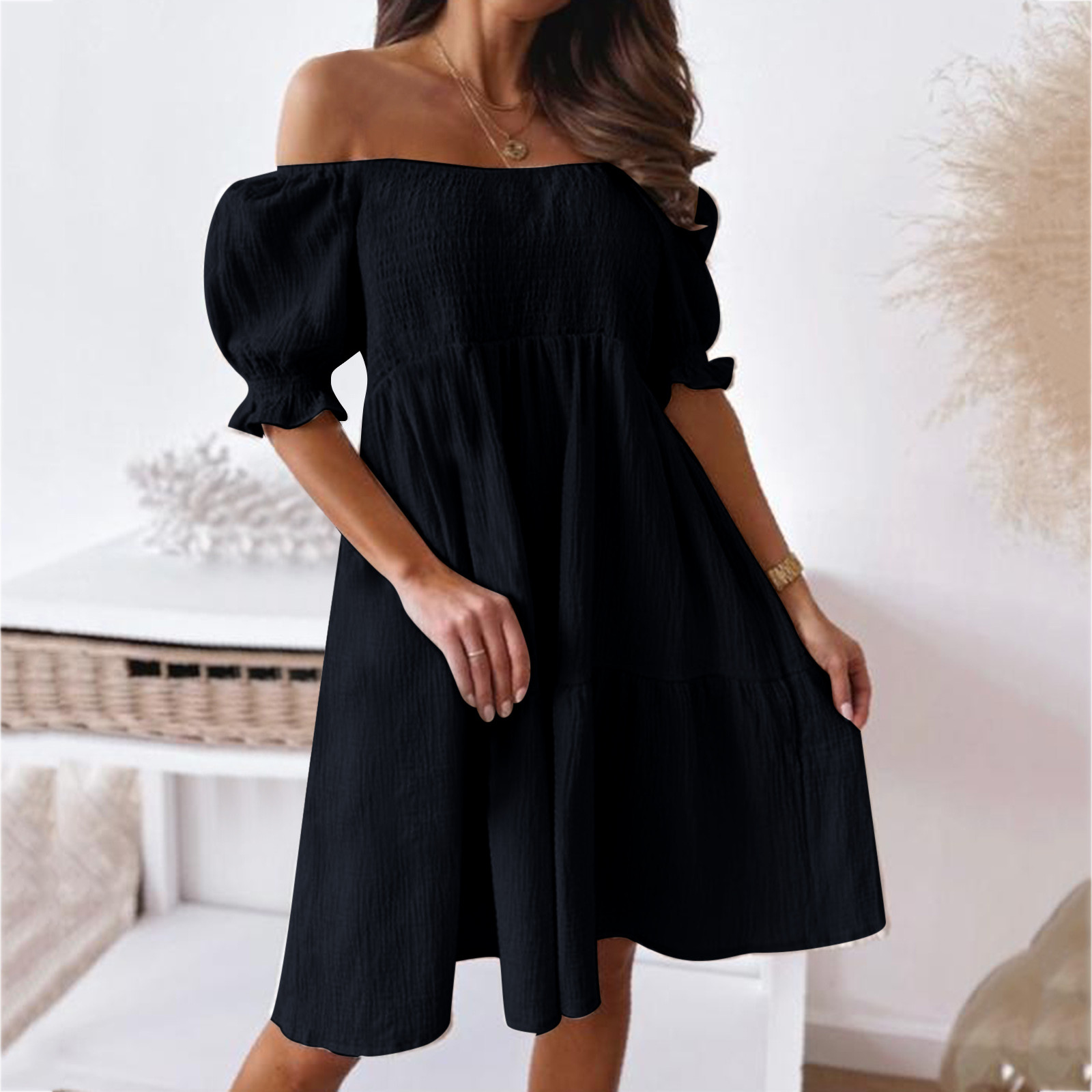 thumbnail image 3 of Vestido bohemio con hombros descubiertos para mujer - Manga abullonada, volantes fluidos, poliéster, ropa de playa/vacaciones/verano, 3 of 8